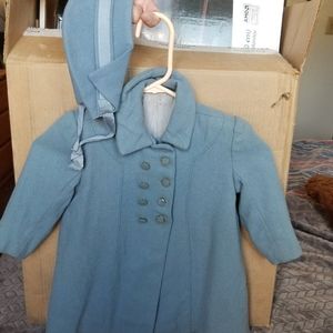 Vintage Hand Sewn Girls Blue Wool Coat with Hat